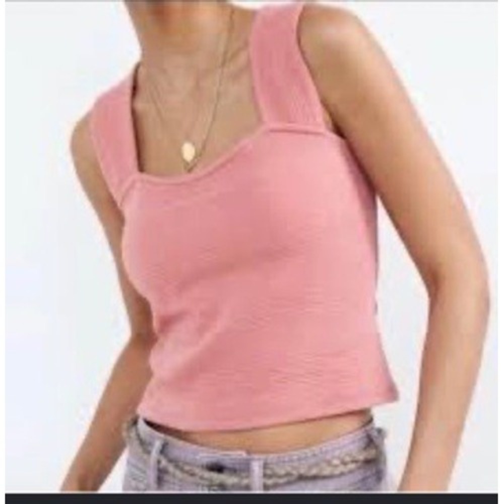 Anthropologie Pink Ribbed Square Neck Crisscross Back Tank Top Medium